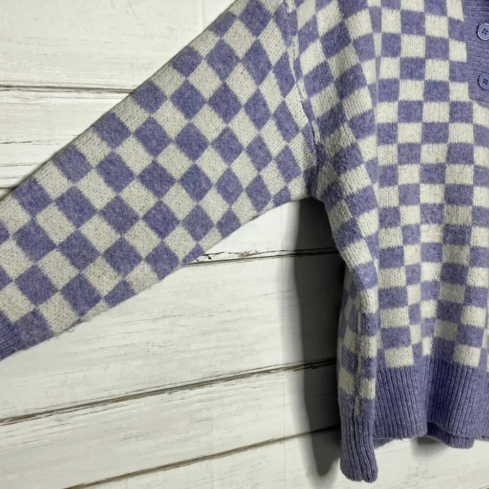 Bibi Purple Checker Knit Pullover Sweater Size Medium Oversized Collared